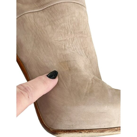 Brian Atwood Women's Sz 8.5 Natural Suede Leather High Stacked Heel Boots - Picture 11 of 11